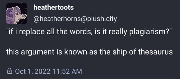 Tweet humorously discusses plagiarism through a philosophical argument referring to the ship of thesaurus meme.