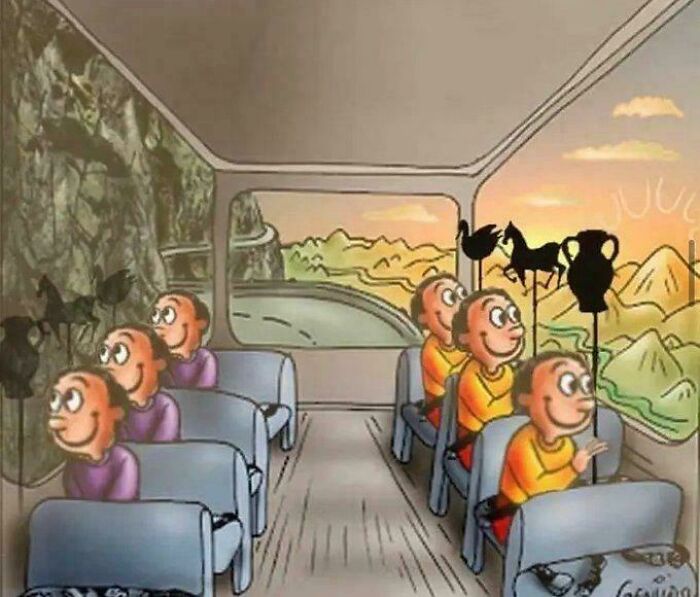Children on a bus creating intellectual philosophy memes by casting shadow figures on different backgrounds.