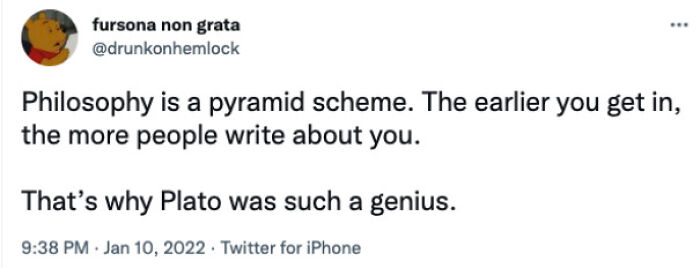Tweet humorously describing philosophy as a pyramid scheme, praising Plato as a genius, related to intellectual philosophy memes.