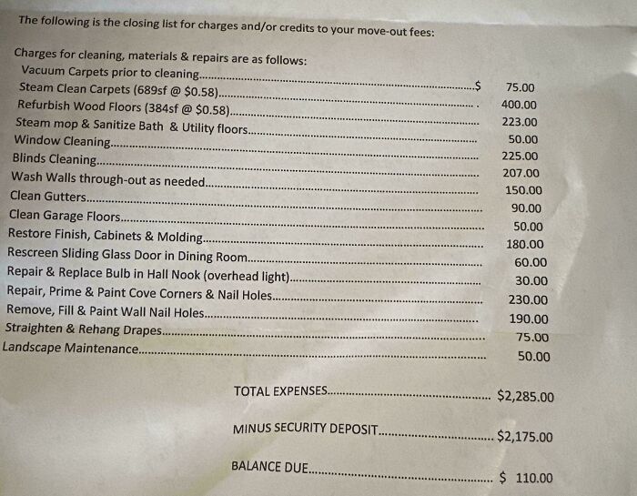 Itemized move-out charges from landlord showing costly cleaning and repairs, illustrating common rental nightmares and landlord corner-cutting exposed.
