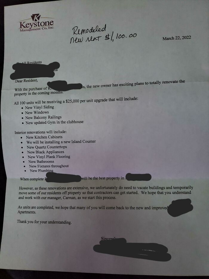 Letter from Keystone Management about extensive apartment upgrades and rent increase, illustrating rental nightmares landlords tried to cut corners on.