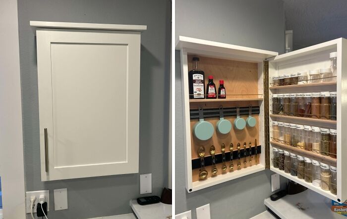 Wall-mounted wooden spice cabinet with organized jars, hooks, and bottles showcasing woodworking project creativity and storage solutions.