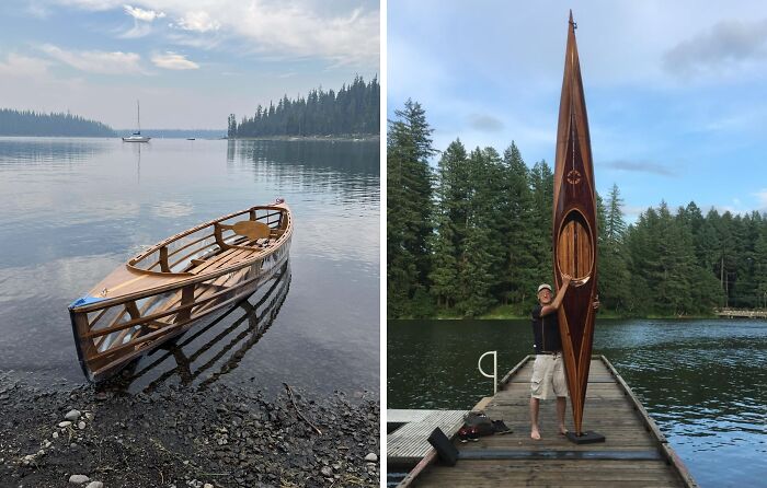 Woodworkers showcasing stunning carved wooden boats on a serene lakeside, highlighting incredible woodworking projects.