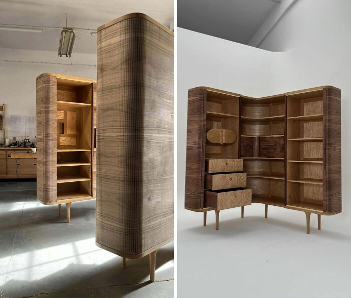 Modern wooden cabinet with rounded edges and intricate grain patterns, showcasing impressive woodworking craftsmanship.