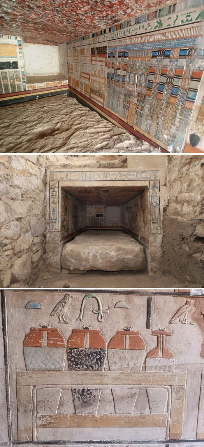 Ancient Egypt tomb interiors with detailed hieroglyphics and colorful wall paintings depicting rituals and artifacts.