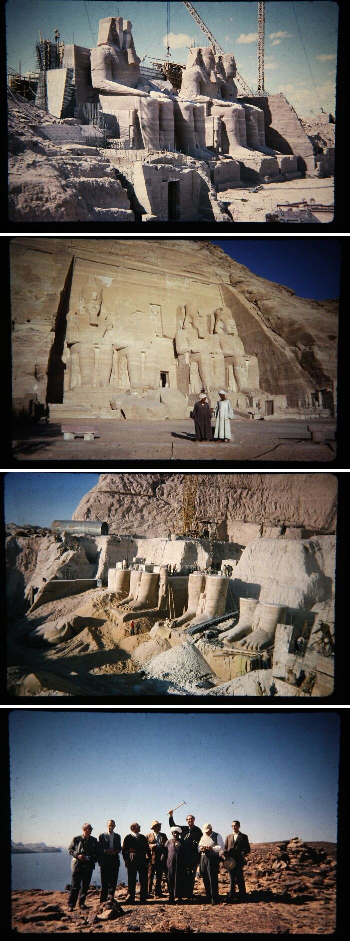 Photographs of Ancient Egypt statues and ruins during excavation and restoration, showcasing incredible historical landmarks.