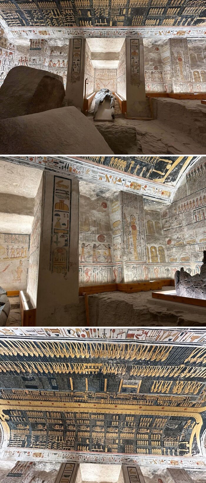 Ancient Egypt tomb interior with detailed hieroglyphs and wall paintings showcasing historical and cultural inscriptions.