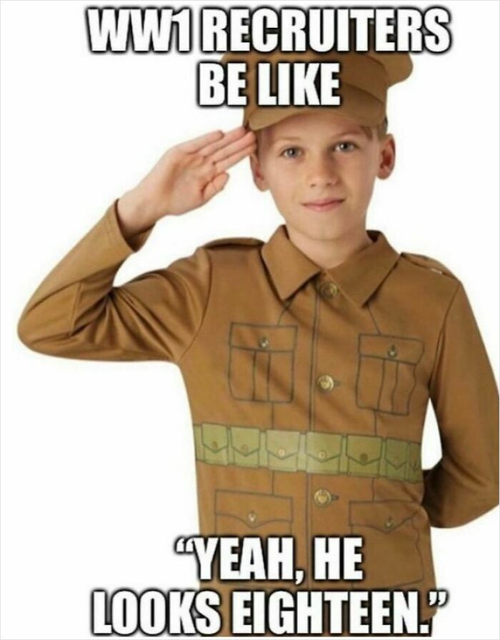 Boy dressed as WW1 recruiter saluting humorously, illustrating history memes that teach valuable lessons during class.
