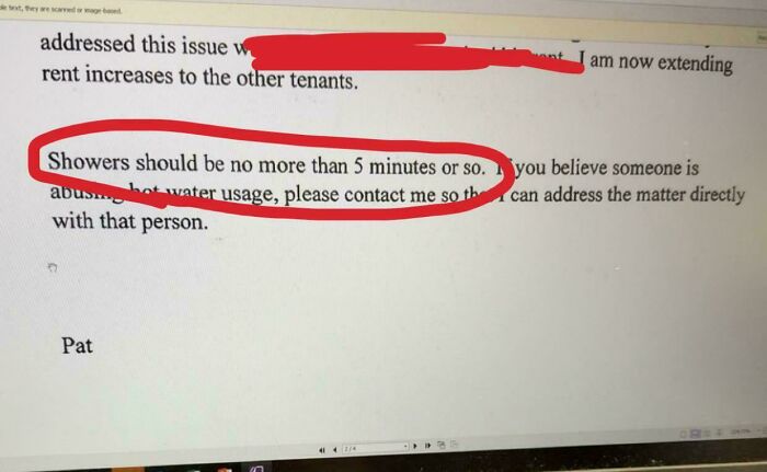 Landlord memo demanding showers be limited to 5 minutes, showing rental nightmares and landlord corner-cutting exposed.