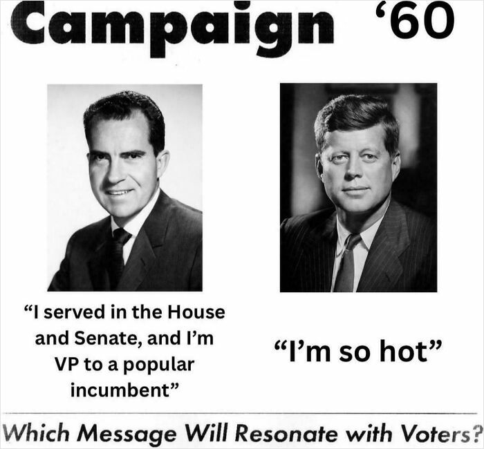 Black and white political meme from the 1960 campaign using humor to engage voters during history class lessons.