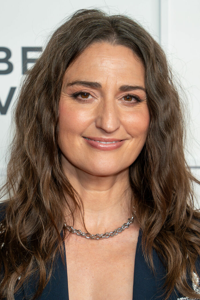 Sara Bareilles with long brown hair and silver necklace smiling at a public event for bio and career highlights.