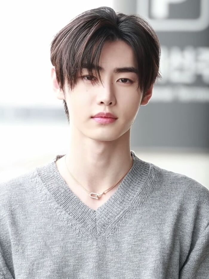 Sunghoon posing outdoors with natural light, wearing a grey sweater and a simple necklace, showcasing a calm expression.
