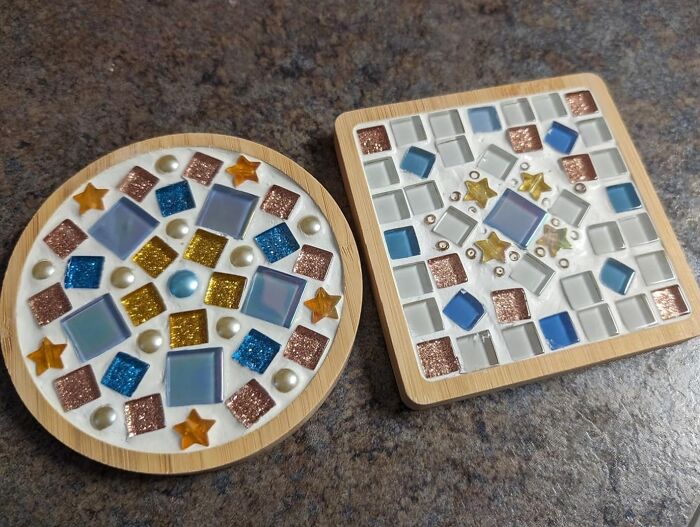 Colorful handmade mosaic coasters with glass tiles and pearls, perfect gifts for hobby lobby personality friends.
