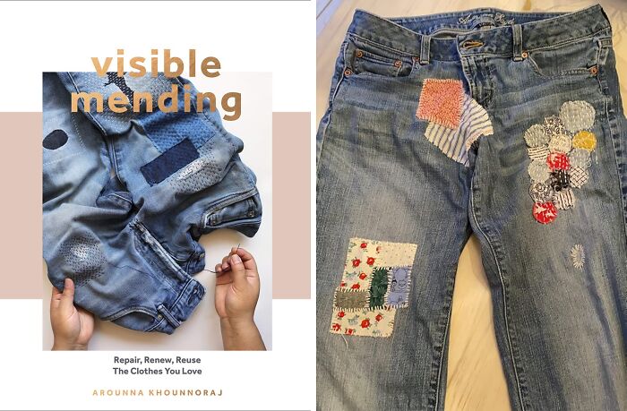 Visible mending denim jeans with colorful fabric patches, showcasing creative gifts from Hobby Lobby aisles.