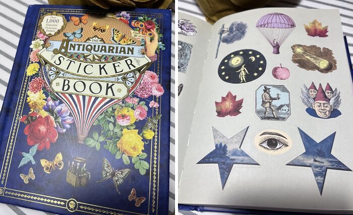 Antiquarian sticker book opened displaying vintage stickers, a unique gift found in an isle at Hobby Lobby.