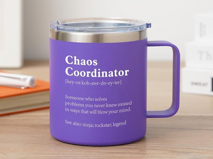 Purple travel coffee mug with the phrase Chaos Coordinator, a perfect gift for the teacher with caffeine a*******n.