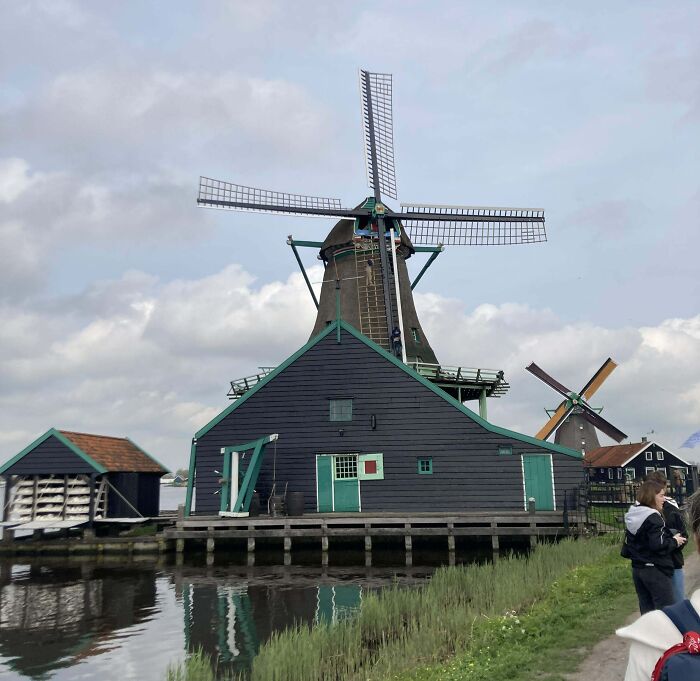 Windmill near water with employees ignoring safety protocol on a ladder, making extremely dangerous decisions outdoors.