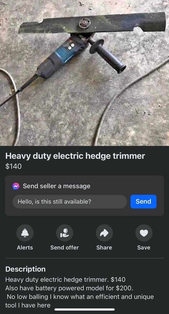 Electric hedge trimmer modified with a large lawn mower blade, showing dangerous employee safety protocol violation.