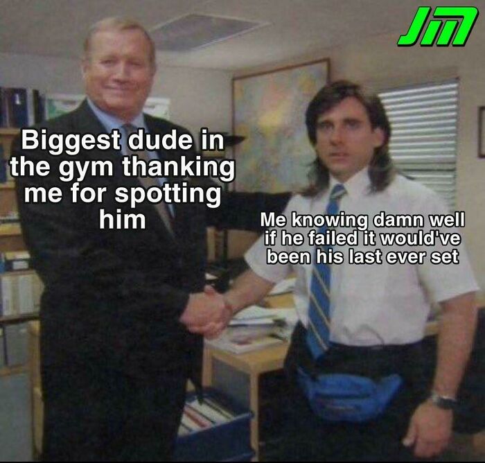 Two men shaking hands in an office, illustrating a gym meme relatable to real lifters about spotting and lifting safety.
