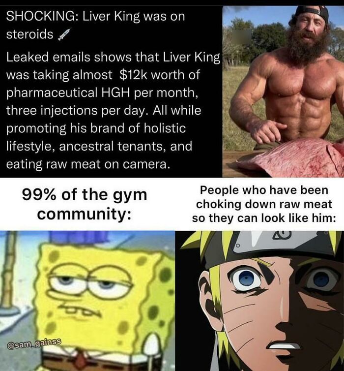 Bodybuilder accused of steroid use contrasts with gym community memes featuring SpongeBob and shocked anime character, gym memes theme.
