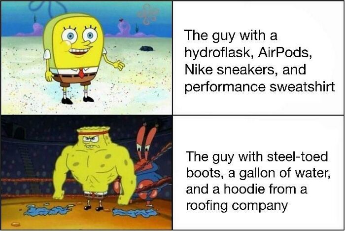 Funny gym meme comparing casual gym gear to serious lifter attire featuring SpongeBob characters.