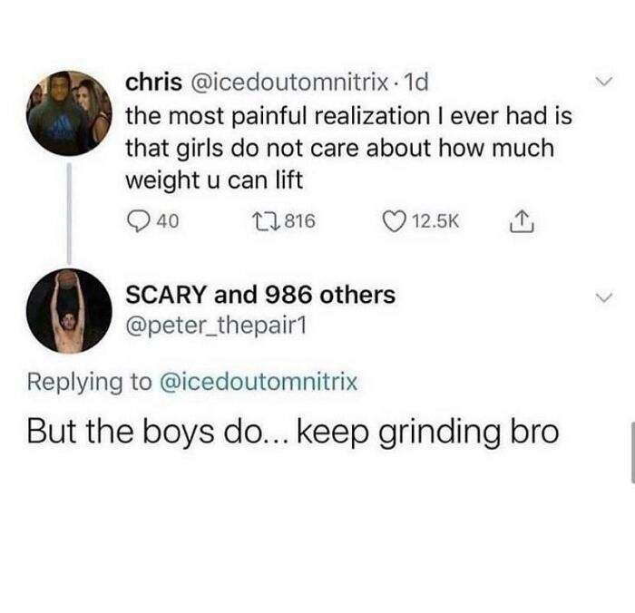 Twitter exchange about lifting weights with gym memes relatable to real lifters discussing motivation and humor.