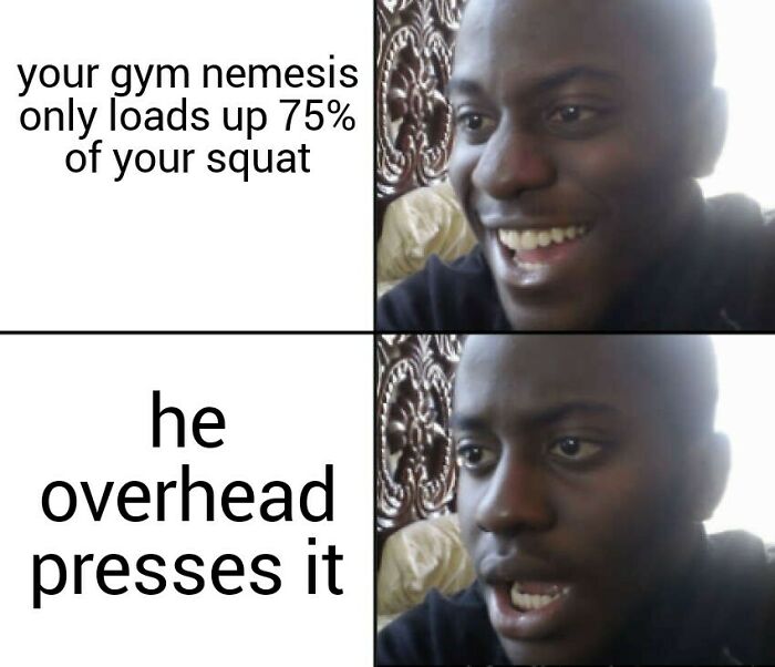 Man reacting with smiling and shocked expressions to gym memes about squat and overhead press, gym meme humor for lifters.