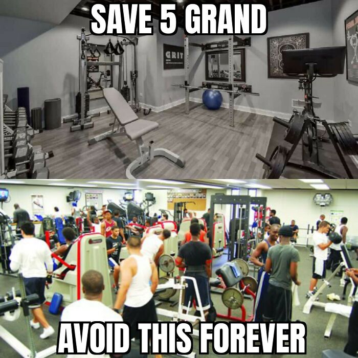 Home gym setup with equipment contrasted to a crowded gym filled with lifters, showcasing gym memes for real lifters.