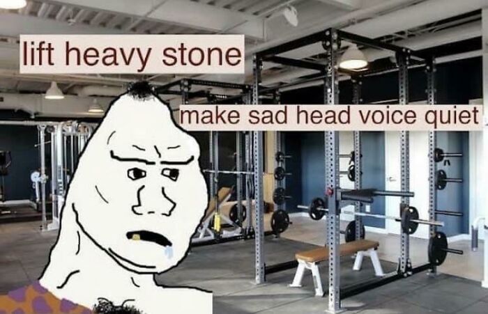 Cartoon character in gym setting with captions about lifting heavy stone and quieting sad head voice, gym memes concept.