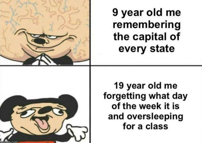 Meme comparing a smart 9-year-old remembering state capitals to a tired 19-year-old college student oversleeping for class.