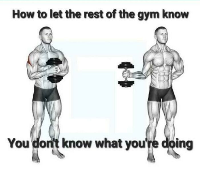 Muscular man demonstrating dumbbell exercises with captions implying real lifters relate to gym meme humor.