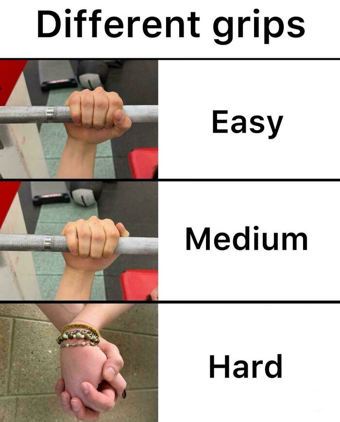 Different grips on a barbell shown as easy, medium, and hard with the hard grip humorously depicted by holding hands gym memes.