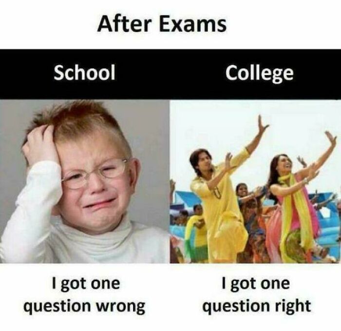 College meme showing contrasting reactions after exams, highlighting student humor and energy in college life moments.