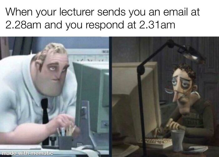 Tired college students responding to late-night emails, showing exhaustion and reliance on hope and energy drinks.