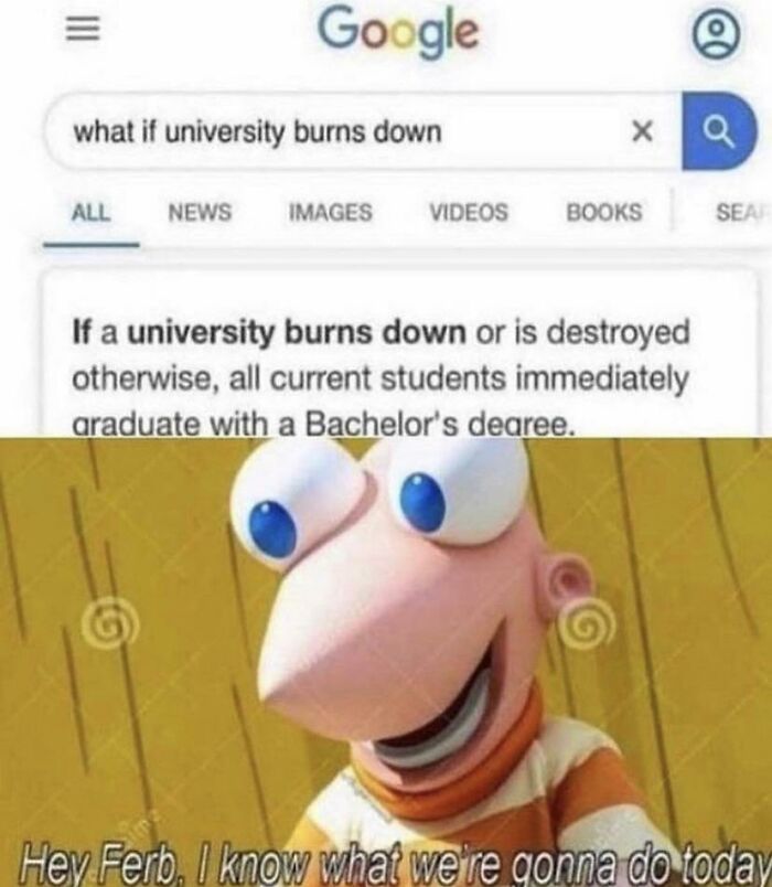 Google search result about university burning down graduation combined with meme character caption, college memes for students.