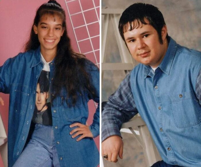 Hilariously awkward childhood photos of a teenage girl and boy wearing denim outfits and posing for portraits.