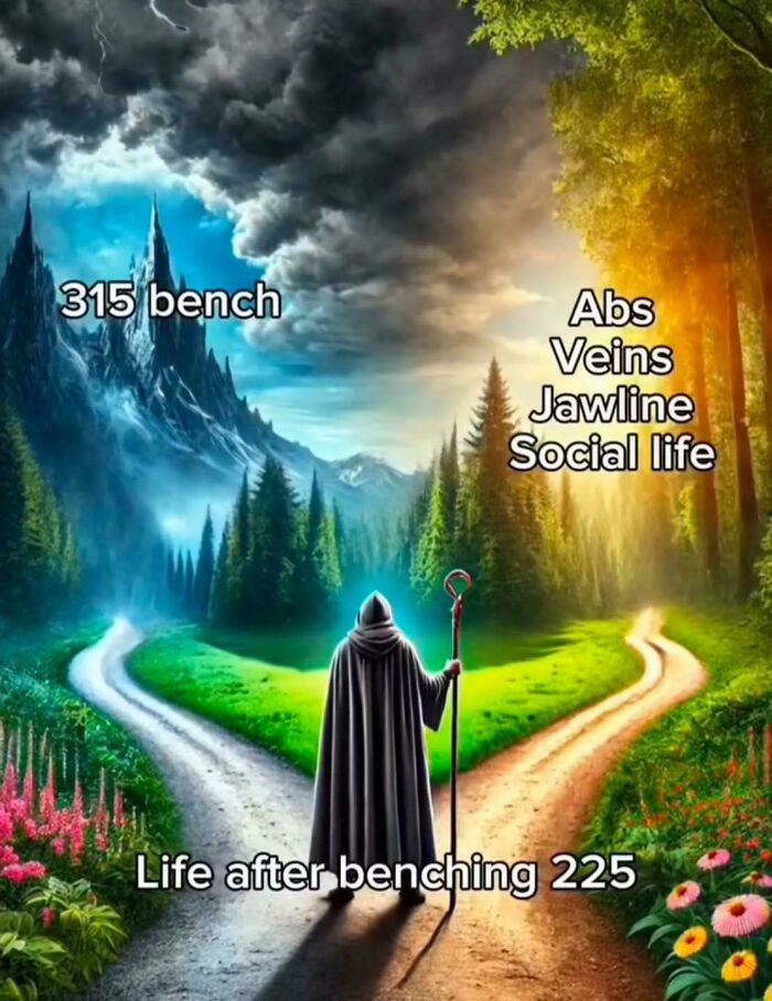 A lifter choosing between two paths after benching 225, highlighting gym memes relatable to real lifters.