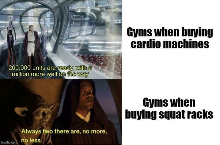Scene from Star Wars comparing gym purchases with text highlighting real lifters relating to gym memes and equipment priorities.