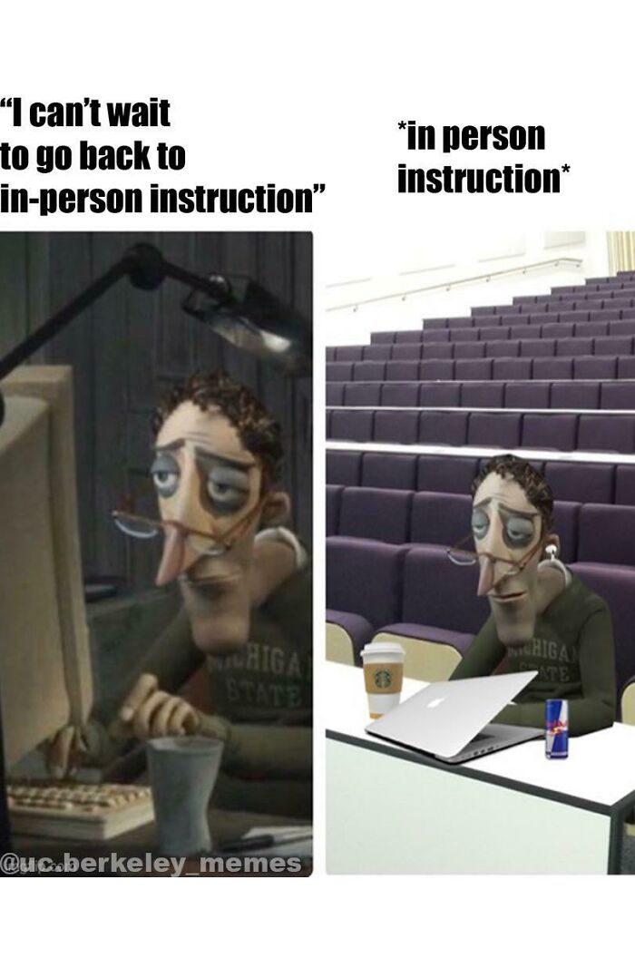 Tired student meme showing the reality of college in-person instruction with coffee and energy drinks in empty lecture hall.