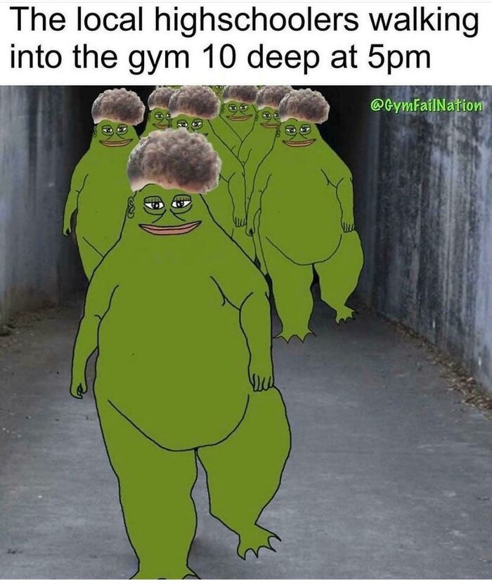 Cartoon frogs with afro hairstyles walking in a group, humorously depicting gym culture relatable to real lifters.