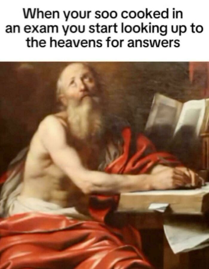 Old painting of a man looking up with hope, paired with a college meme about students running on hope and energy drinks.