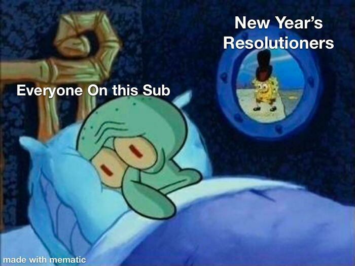 Squidward in bed representing gym meme users, watching New Year's resolutioners outside, showing gym meme humor for real lifters.