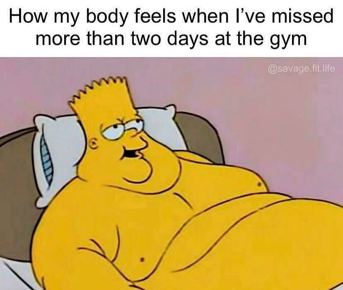 Overweight cartoon character lying in bed humorously representing how the body feels after missing gym days, gym memes.