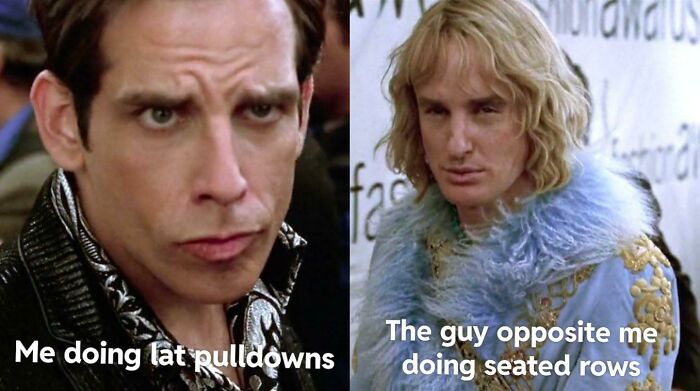 Two men making funny faces illustrating gym memes about lat pulldowns and seated rows for real lifters.