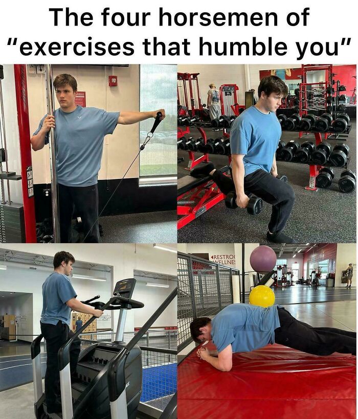Young man performing four challenging gym exercises that many real lifters find humbling and relatable.