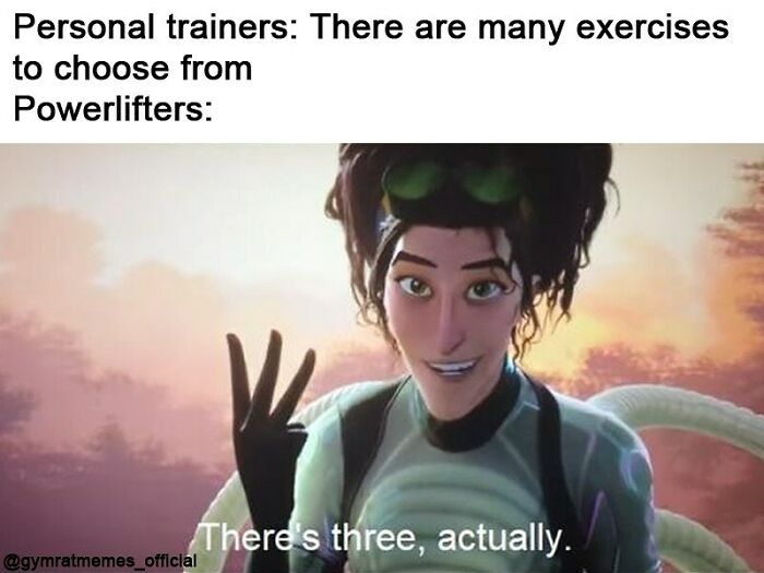 Animated character holding up three fingers with gym meme text about powerlifters and exercises, relatable gym humor.