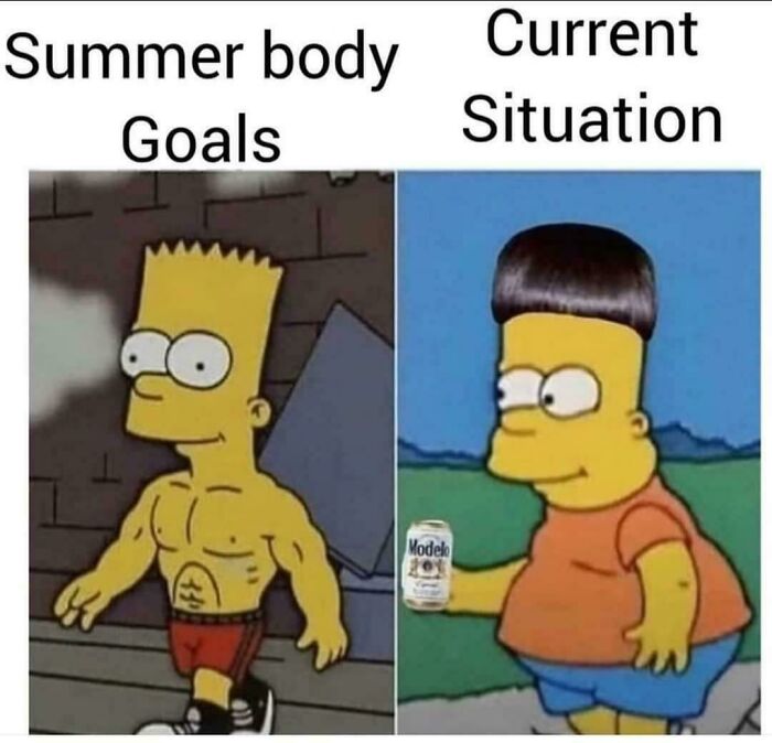 Bart Simpson in two panels showing summer body goals with a muscular physique and current situation with a beer and a larger body.
