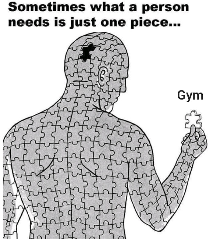 Illustration of a person made of puzzle pieces, holding one piece labeled gym, representing gym memes for real lifters.
