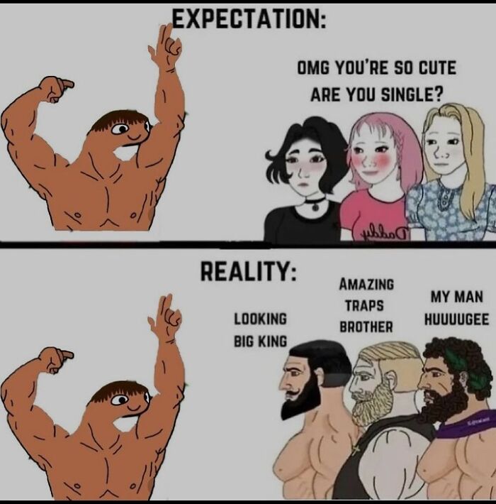 Cartoon comparing gym memes showing muscular lifter's expectation vs reality with reactions from different characters.