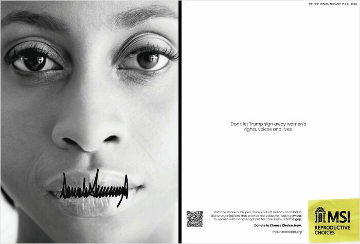 Close-up of a woman with a design of a pen signature over her mouth highlighting smart and cool reproductive rights awareness.